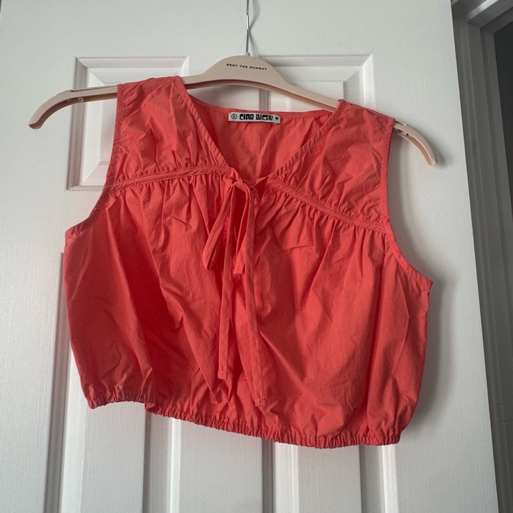 Coral Tie-Front Sleeveless Cotton Crop Top